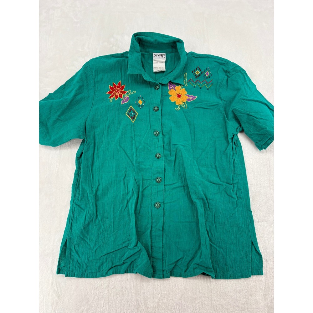 Koret Petites Shirt Womens Medium Button Up Teal Green Cotton Embroidered Beaded